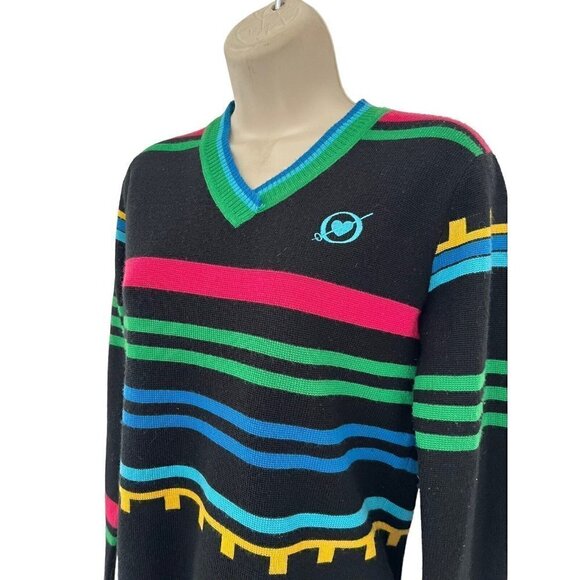 Obermeyer Womans Sz S Black Pink Blue Striped V Neck Wool Blend Pullover Sweater - Picture 2 of 8